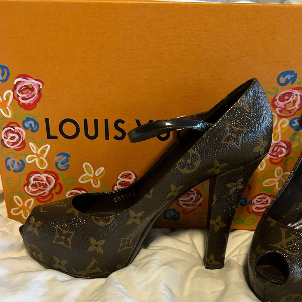 Louis Vuitton Monogram Peep-Toe Mary Jane Heels in Brown